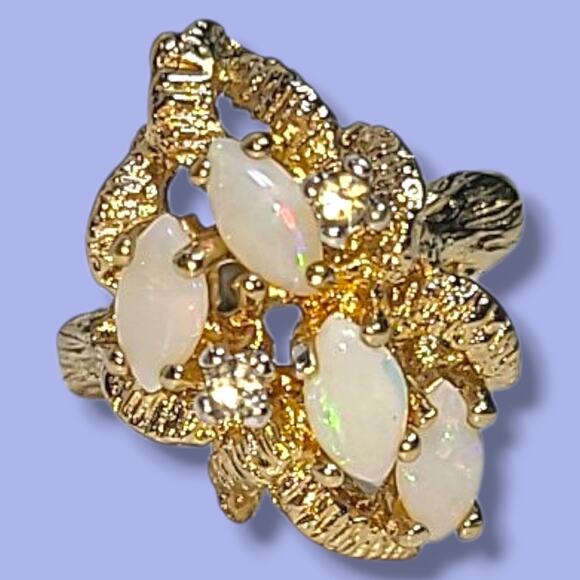 Vintage 18K HGE Gold Plated 4 White Opals & CZ Cocktail Ring Size 4.5 - Picture 1 of 16